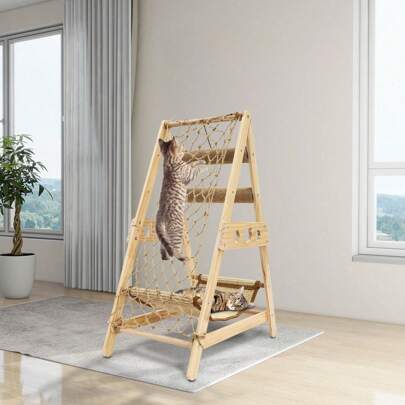 25.6*15.7*33.5in Wood Triangle Cat Climbing Frame Indoor Freestanding Modern Style Cat House Cat Climbing Frame For Homes, Pet Shops, Living Rooms, Bedrooms,15-20kg/33.07lbs-44.09lbs Load Capacity