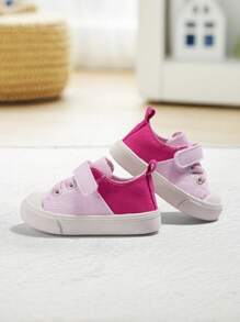 1 Pair Girls Pink Canvas Hook And Loop Strap Casual Flat Shoes, Simple Style Sweet Cute, Comfortable Breathable For Daily Outdoor Activities - Pink - View 3