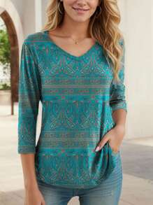 hoteel Women's V Neck T-Shirt 3/4 Sleeve Summer Top, Elegant Casual Solid Color Basic T-Shirt - 青色 - 查看 4