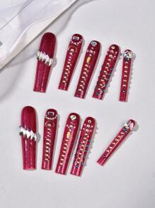 10Pcs Red Handmade Nails Set Press On Long Coffin Squaer False Nail With Rhinestone Glistening Design Reusable Full Cover Fake Nail,1pc Nail File And 1pc Nail Glue, Suitable For Girls And Women Festival Parties And Daily Wear Holiday Gifts Nail Art Nail Salon(Note: Handmade Slight Color Variation In Base Color, Accessories And Rhinestones Due To Batch Difference, Which Is Normal)