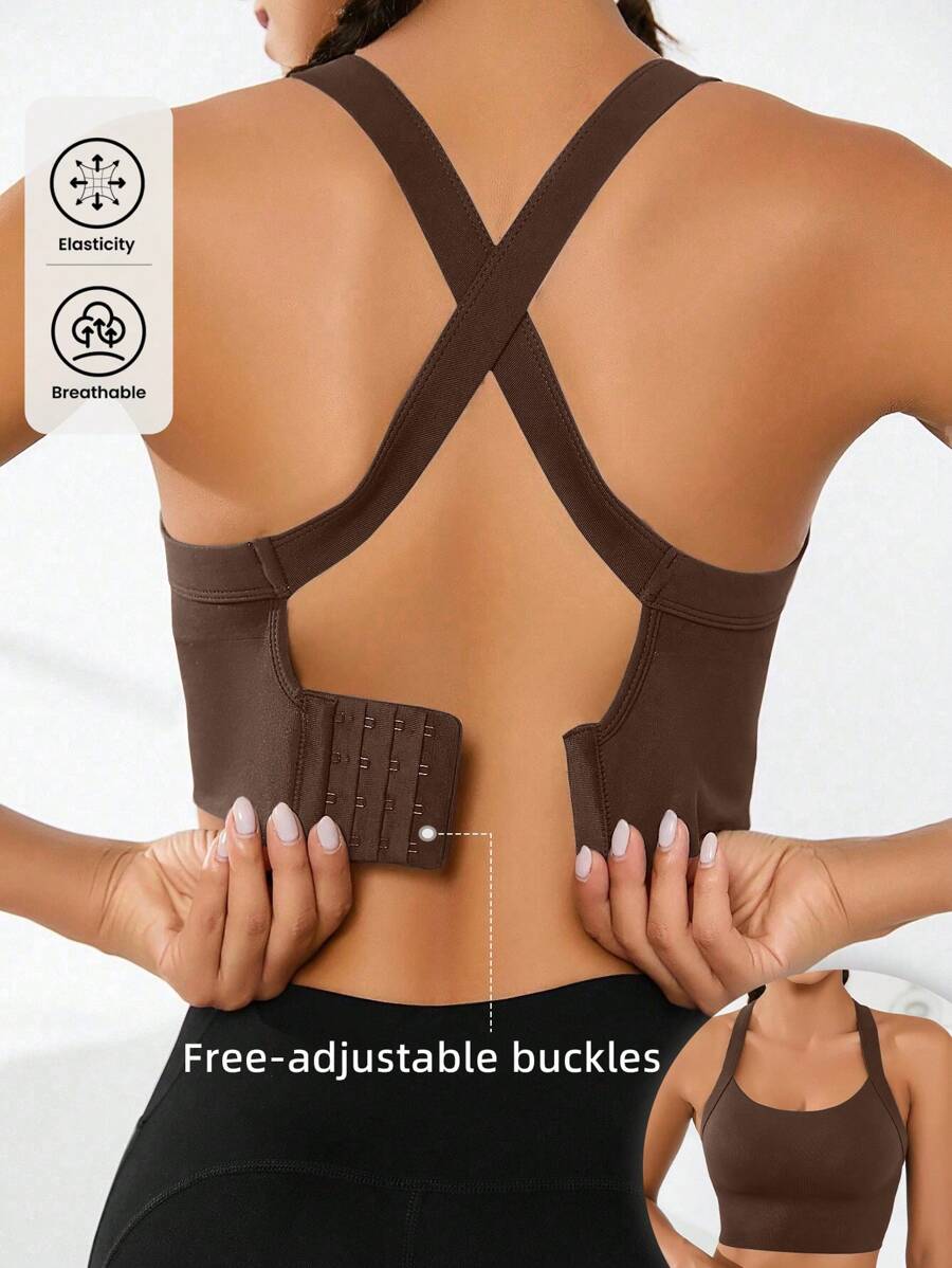 Seamless High-Elasticity And High-Support Sports Bra,Women Underwear Detachable Chest Pad With Cross-Strap Design,Women's Fitness Solid Color Simple Yoga Bra,Women Soft And Comfortable Sports Tops ,Multi-Color Options (Black/Brown/Blue/Hot Pink/Gray/Red) - 棕色 - 查看 1