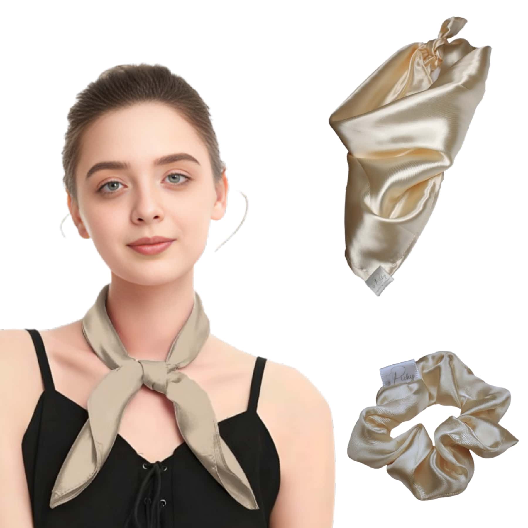 Women's Silk Scarf. Large Satin Scarf. Uniform Scarf - 米色 - 查看 1