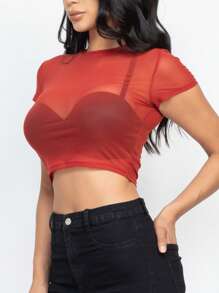 Women's Sexy Mesh Sheer Short Sleeve Crop Top, Cover Up Summer T-Shirt - 鏽 - 查看 3