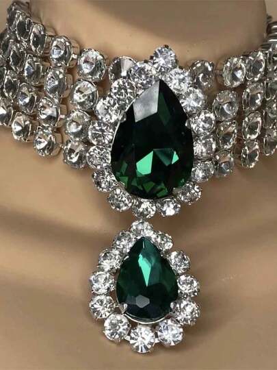 1pc Sexy Green Water Drop Pendant Necklace, Bling Crystal Fashion Jewelry For Formal Party