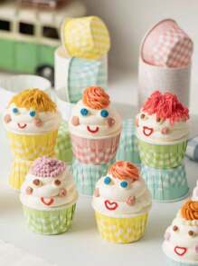 50 个复古格子松饼杯（带盖/不带盖）- 耐热、装饰性纸质烘焙衬垫，带卷边，适用于纸杯蛋糕和甜点，多色节日装饰包（万圣节/圣诞节/复活节/感恩节）