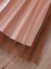 Tween Girl' Solid Color Short Sleeve Collared Waist Bow Mesh Patchwork Dress - Brown - View 6