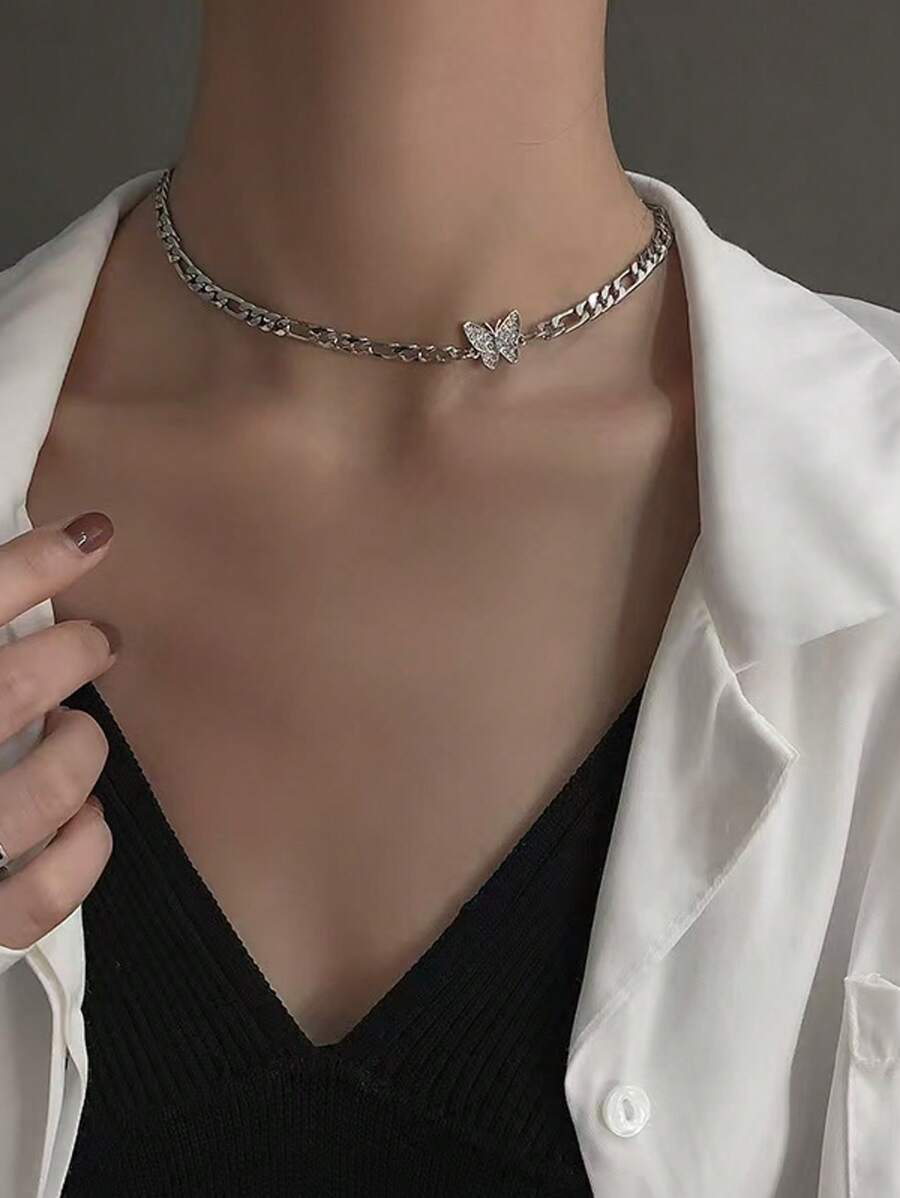 1 件简约奢华水钻蝴蝶项链，休闲颈链 - 銀色 - 查看 1
