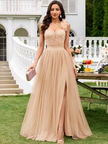 MIUSOL Đầm maxi cổ chữ V sâu, đính sequin, ren phối màu tương phản, lưới, xếp ly, xẻ tà cao, đầm dự tiệc thanh lịch dành cho nữ, đầm dạ hội trang trọng, đầm dạ tiệc, thích hợp cho khách dự đám cưới, lễ tốt nghiệp, tiệc gala và các dịp khác mùa xuân. - Rượu sâm banh - Xem 4