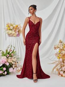 ADYCE Vestido con escote en V, abertura frontal y cordones en la espalda con lentejuelas, vestido de noche formal para mujer para fiestas/bailes de graduación, vestido de invitada de boda