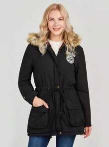 Abrigo de polar de algodón con capucha y cordón para mujer, chaquetas para mujer - Negro - Ver 2