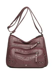 1pc Women Quilted Multi-Layer Outdoor Crossbody Bag With Rivets, Personalized Motocycle Style, Sports Vintage Shoulder Bag With Zipper Pockets For Phone & Coin