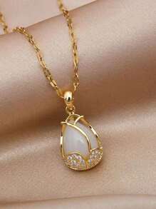 1 件简约优雅奢华猫眼和郁金香吊坠，时尚女士日常佩戴 - 金色 - 查看 7