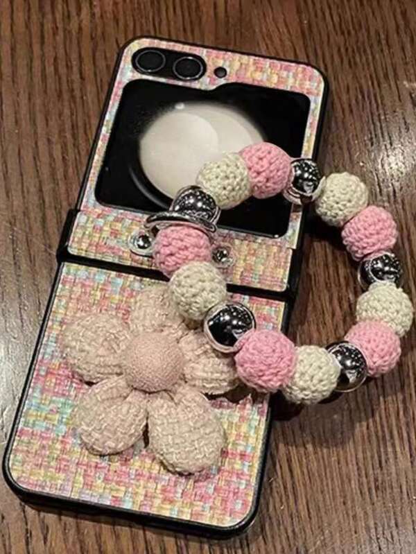 Elegant Woven Pattern Leather Belt With Pink Flower Foldable Phone Case With Chain Strap Compatible With Samsung Galaxy Z Flip3 5G/Galaxy Z Flip 4 5G/Galaxy Z Flip 5 5G/Galaxy Z Flip 6 5G, Personalized Women Design