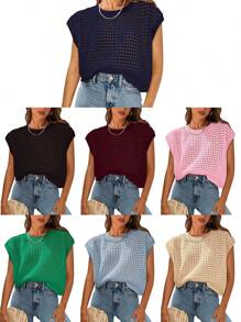 Womens Spring Tops 2025 Summer Shirts Crochet Cap Sleeve Sweater Pullover Cute Crew Neck Hollow Out Beach Cover Ups - 淺藍色 - 查看 8