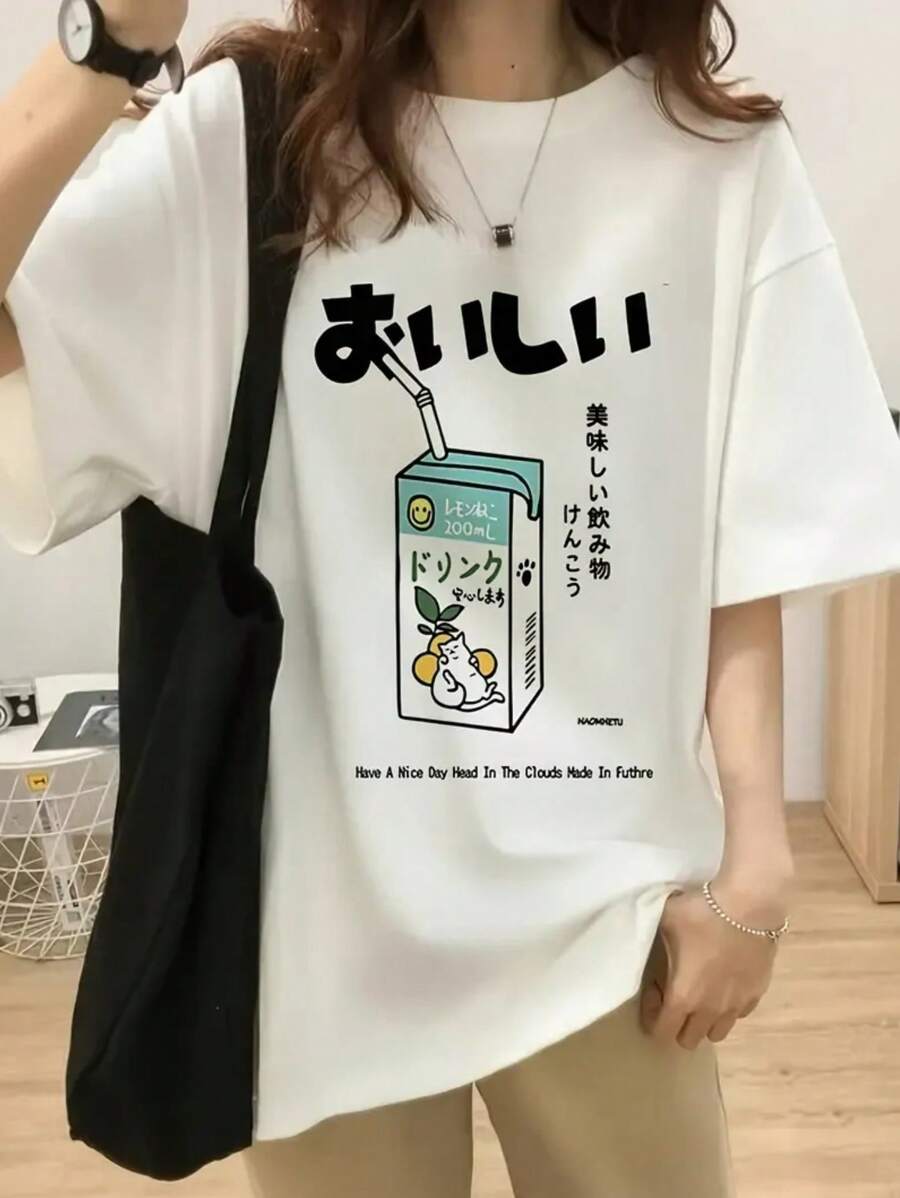 Women's Crew Neck Loose Casual Japanese Cartoon Character & Drink Expression Graphic Print Short Sleeve T-Shirt, Spring/Summer - White - View 1