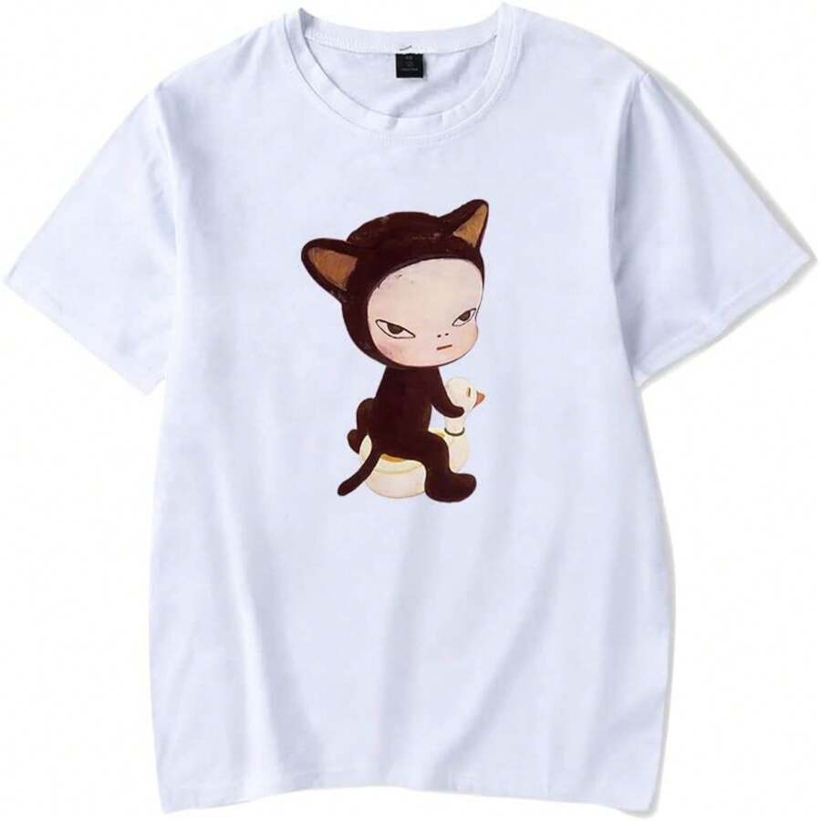 Yoshitomo Nara Cat Duck Merch T-Shirt Merch Men Short Sleeve Women Funny Tee Unisex Harajuku Tops - 白色 - 查看 1