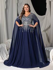 Faeriesty 大码华丽珠饰亮片紧身胸衣披肩袖雪纺正式礼服晚礼服派对春季 - 藏蓝色 - 查看 3