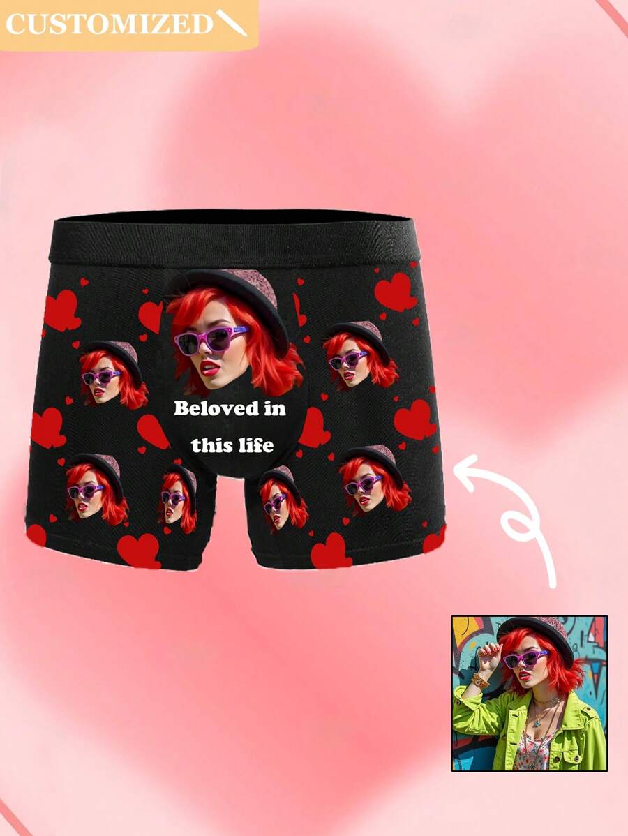 Personaliza la ropa interior de hombres, sube el retrato de tu amado, regalo, regalo del Día de San Valentín - Negro - Ver 1
