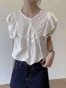 Damen lässiges luftiges Kurzarm Top mit gerüschtem Saum und rundem Ausschnitt