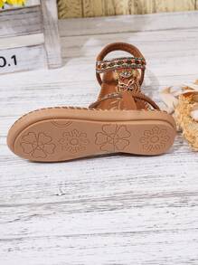 Sandalias planas de playa con espaldar hueco y strass, estilo bohemio, cómodas, para mujer talla grande, verano - Bronce - Ver 4