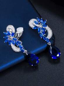 1 Pair Silver Plated Non-Pierced Clip-On Long Drop Earrings With White & Blue Cubic Zirconia Symmetrical Flower & Leaf Zirconia Crystals, Bridal Jewelry For Engagement, Wedding, Banquet, Pageant, Party, Prom For Women Without Pierced Ears - 1 Pair Clip On Earrings - View 7