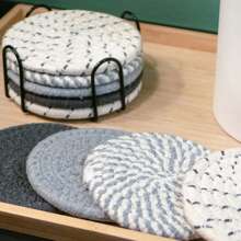 4/8 件编织饮料杯垫，圆形吸水饮料杯垫，手工布艺杯垫，带托盘的吸水杯垫套装，波西米亚风格 - 灰色 - 查看 8