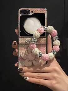 Elegant Woven Pattern Leather Belt With Pink Flower Foldable Phone Case With Chain Strap Compatible With Samsung Galaxy Z Flip3 5G/Galaxy Z Flip 4 5G/Galaxy Z Flip 5 5G/Galaxy Z Flip 6 5G, Personalized Women Design Waterproof Shockproof Anti-Fall Scratch Resistant - Multicolor - View 4