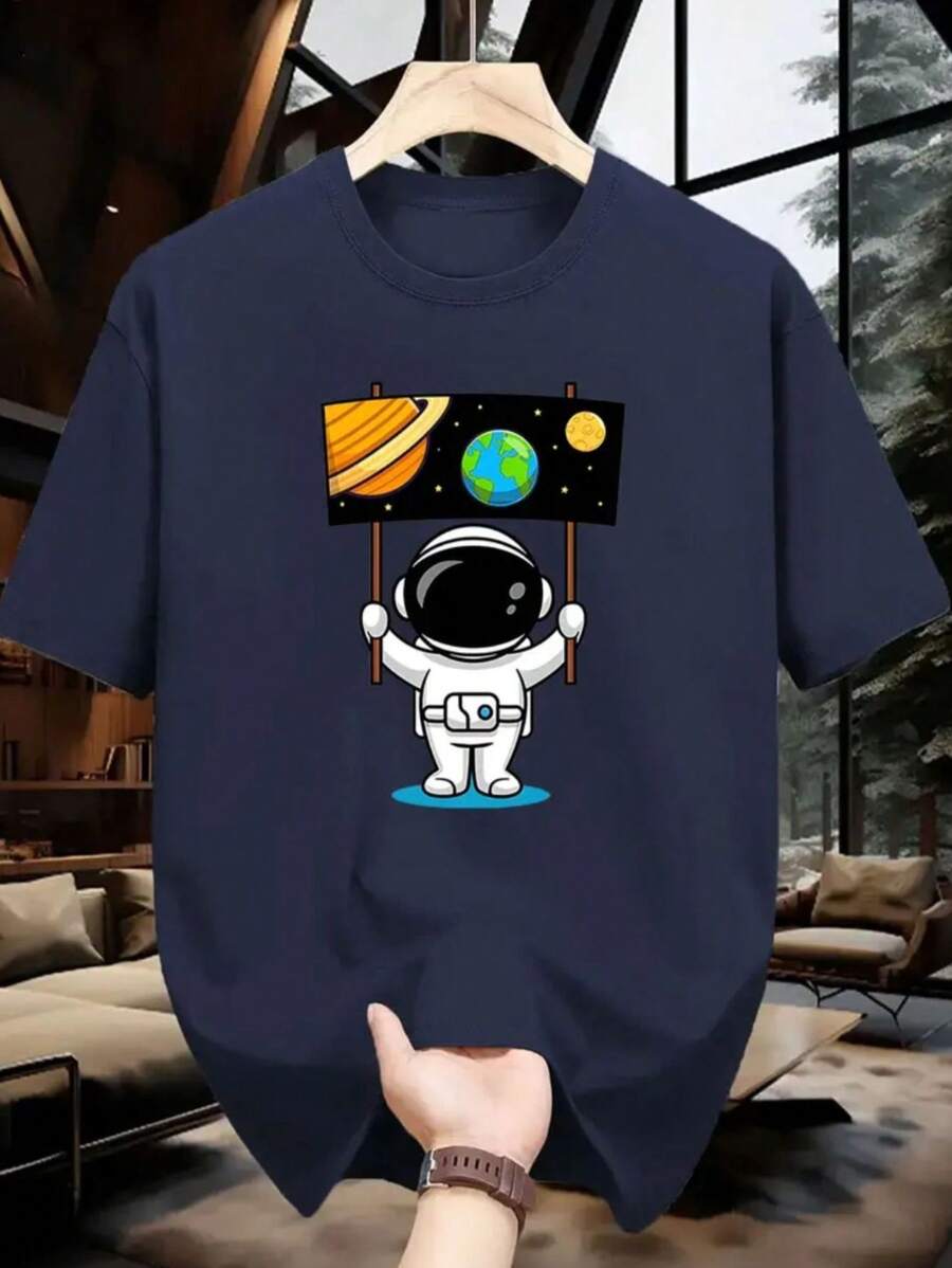 Printed Design Shirt, Summer Fashion, Casual T-Shirt, 100% Cotton. - Navy Blue - View 1