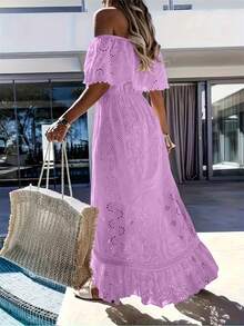 长款镂空刺绣蕾丝边露肩荷叶边下摆连衣裙，休闲度假装，波西米亚风，春夏 - 紫色 - 查看 2