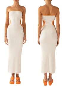 Women's Bodycon Tube Dress, Strapless Side Cutout Contrast Color Ribbed Long Dress - Off-white - View 7