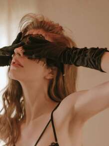 Vintage Gothic Black Bridal Gloves, Satin Pearl Bow Lolita Punk Party Photoshoot Prop Accessory Arm Sleeves