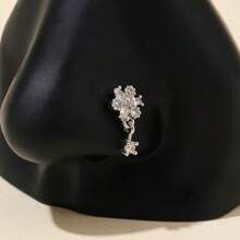 1pc L-Shaped Gold Color Cubic Zirconia Embellished Flower Nose Ring Valentines - Silver - View 7