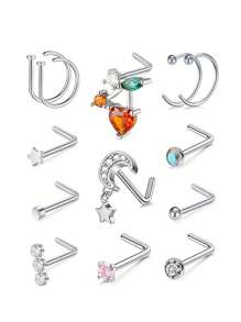46/8件套多款式20G鼻环耳钉，医用钢材质，镶嵌闪亮锆石花朵，女士鼻环，直型、弯型、L型鼻环，7毫米。多种鼻环套装包含心形、蝴蝶、花朵等款式。 - 多顏色 - 查看 11