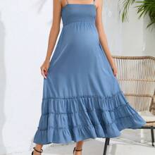 Women's Sleeveless Maternity Dress Summer Spaghetti Strap Smocked Tiered Flowy Maxi Dress For Baby Shower Photoshoot