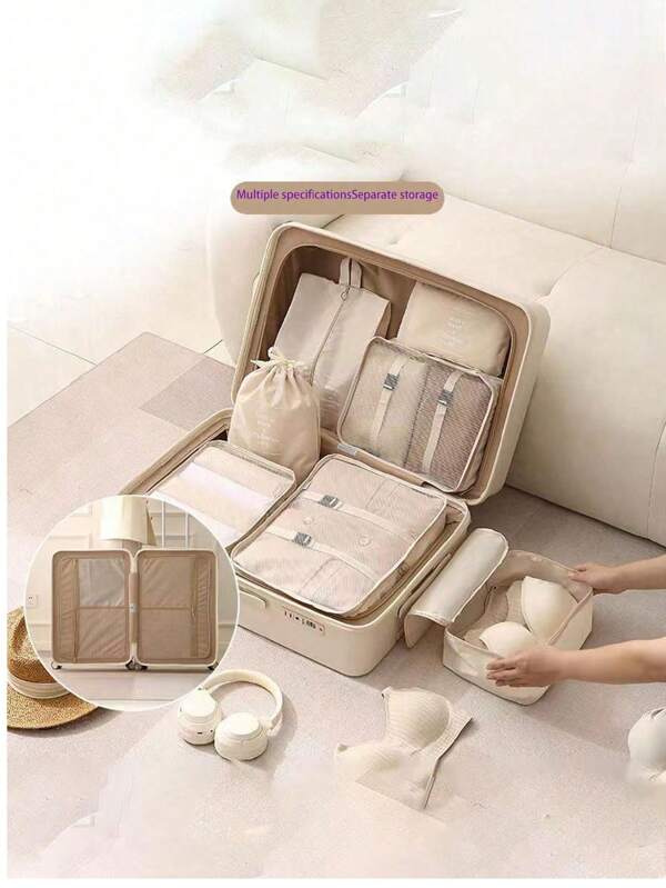 Set de 7 piezas/1 Organizador de viaje, Bolsa de maquillaje, Neceser, Bolsa de tela, Cubos de embalaje minimalistas de poliéster para accesorios de viaje, Artículos de viaje esenciales, Mochila de viaje, Maleta, Vuelta al colegio, Organizador de equipaje para viajes de verano, vacaciones, decoración del baño del hogar, organizador de maquillaje de vacaciones, artículos esenciales de playa