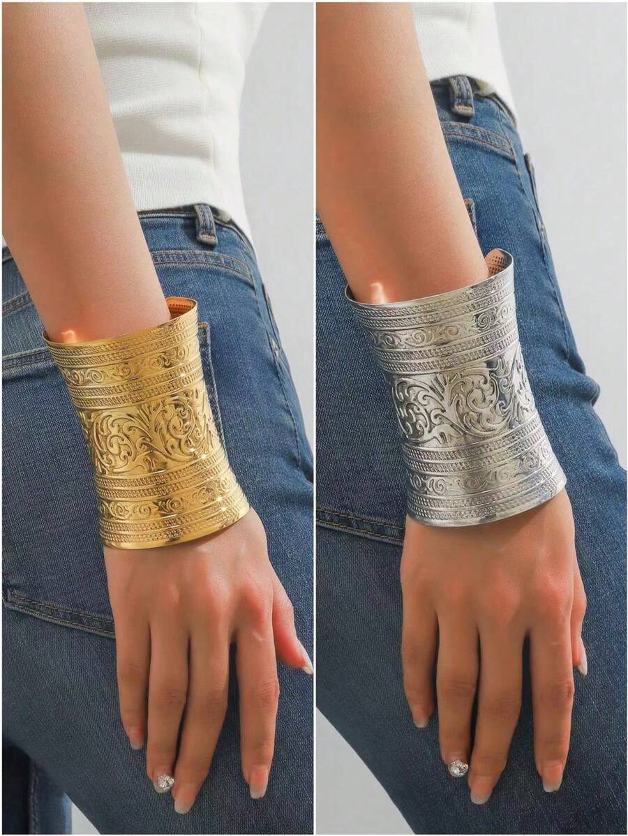 1 件宽 C 形手链，带 3D 纹理印花，复古夸张设计，适合女士