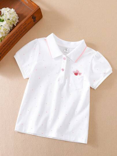 夏季少女可爱刺绣装饰马球领短袖 T 恤