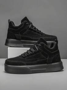 New Simple Lace-Up Flat Sneakers For Men, Solid Color Round Toe Outdoor Casual Skateboarding Shoes, Height Increase - Black - View 4