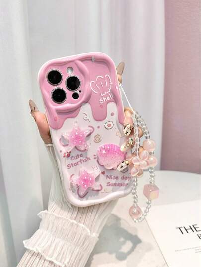 Cartoon Starfish Accessory Candy Color Wavy Edged Printed Protective Case With Detachable Chain Compatible With IPhone 16/16 Pro Max, IPhone 15, IPhone 14, IPhone XR/7/8, IPhone 15 Pro Max, IPhone 13, IPhone 14, IPhone 11, P12, XS. Shockproof And Creative Painted Design Compatible With Redmi Phones.