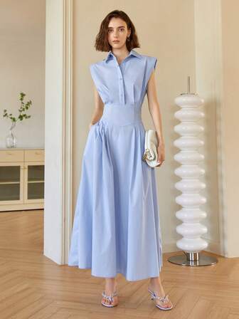 Women's Sleeveless Solid Color Elegant Midi Shirt Dress, Collared Dress With Old Money Style, Elegant Spring/Summer Dress, Women's Graduation Prom Festival Business Casual Outfit