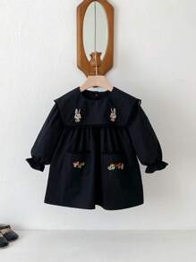 Young Girls Cartoon Rabbit Embroidery Dress With Large Collar, Pockets & Mushroom Embroidered, Black, Suitable For Spring, Summer, Autumn