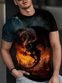 Men's 3D Fire Dragon Print T-Shirt - Casual Short Sleeves, Breathable Polyester Blend, Machine Washable, Outdoor Summer T-Shirt, Outdoor Clothing|Bold Casual