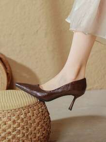 Women's Plus Size French Style Solid Color Hollow-Out Pointed Toe High Heel Slip-On Office Work Shoes, High Quality Ladies Fashion Versatile High Heel Pumps - Brown - View 7