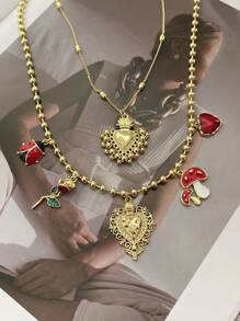 1件 Y2K 时尚优雅奢华不对称心形蘑菇串珠吊坠项链,红色,适合送给姐妹、情侣,适合情人节、日常佩戴、派对、婚礼、节日(由于产品材质特殊,红色珠子与图片可能存在轻微色差。) - 項鍊 - 查看 4