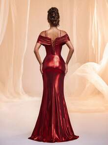 Vestido Elegante e Delicado de Baile de Formatura Vermelho com Decote Halter Sem Costas e Bainha de Sereia para Convidada de Casamento, Dama de Honra, Festa, Encontro, Baile de Formatura, Banquete, Formatura, Uso Ocidental Feminino, Estilo Old Money, Vestido Formal - Vermelho - Visão 3