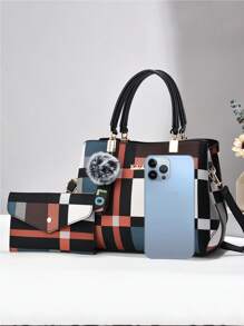 New Minimalist Women Handbag Set, Plaid Pattern Classic Elegant High-End Fashion Casual Tote, Suitable For All Seasons, Large Capacity Shoulder & Crossbody Bag - Black - View 3