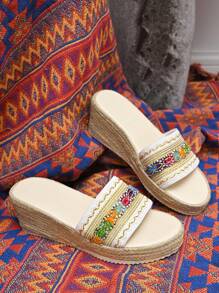 Women's New Fashion Thick Sole Woven Band Rope Wedge Platform Slide Sandals, Outdoor Wear Personalized Comfortable Casual Classic Slip-On Flats - Multicolor - View 1
