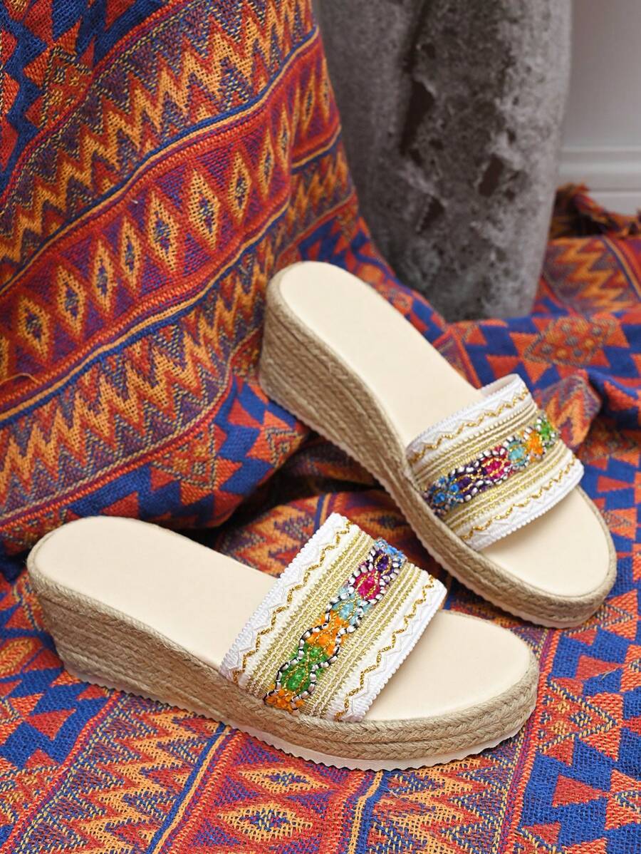 Women's New Fashion Thick Sole Woven Band Rope Wedge Platform Slide Sandals, Outdoor Wear Personalized Comfortable Casual Classic Slip-On Flats - Multicolor - View 1