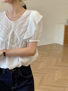 Damen lässiges luftiges Kurzarm Top mit gerüschtem Saum und rundem Ausschnitt