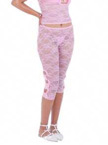 Women Lace Capri Pants Flower See Through Low Rise Knee Length Tight Shorts With 3D Bows - Pink - View 1